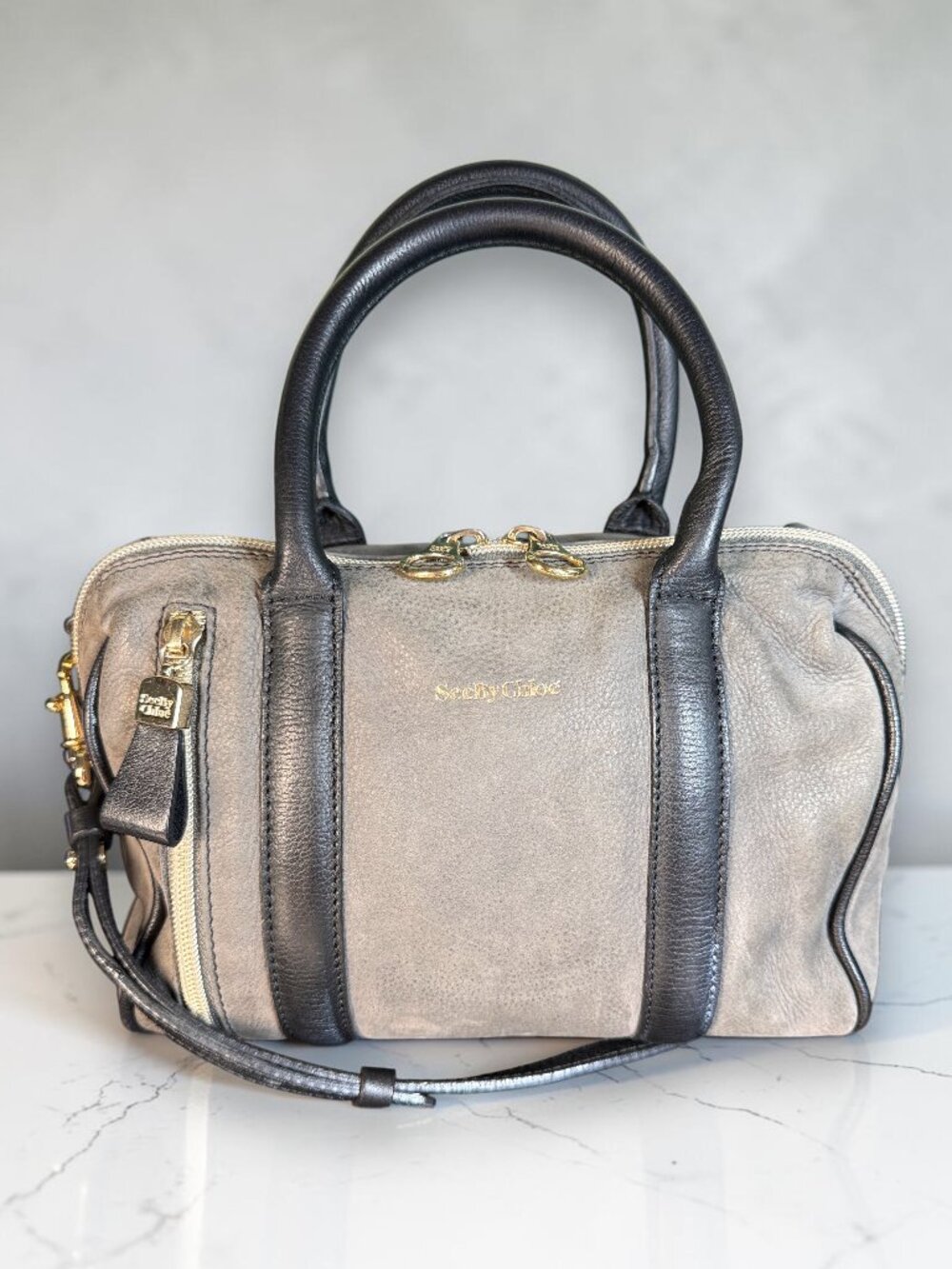 See by Chloé Harriet Beluga Leather Bowling Bag 2-Way Satchel Crossbody with COA